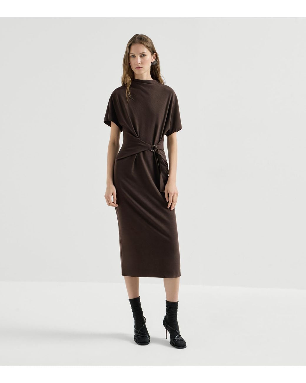 Brunello Cucinelli Brown Wool-Blend Belted Midi Dress