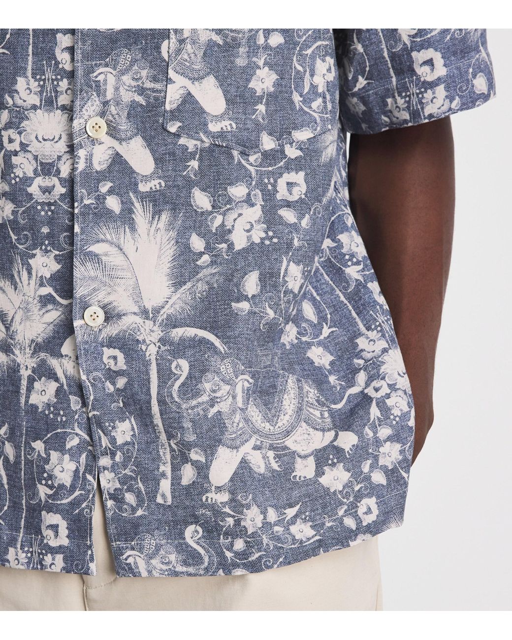 Eleventy Blue Linen Printed Bowling Shirt for men