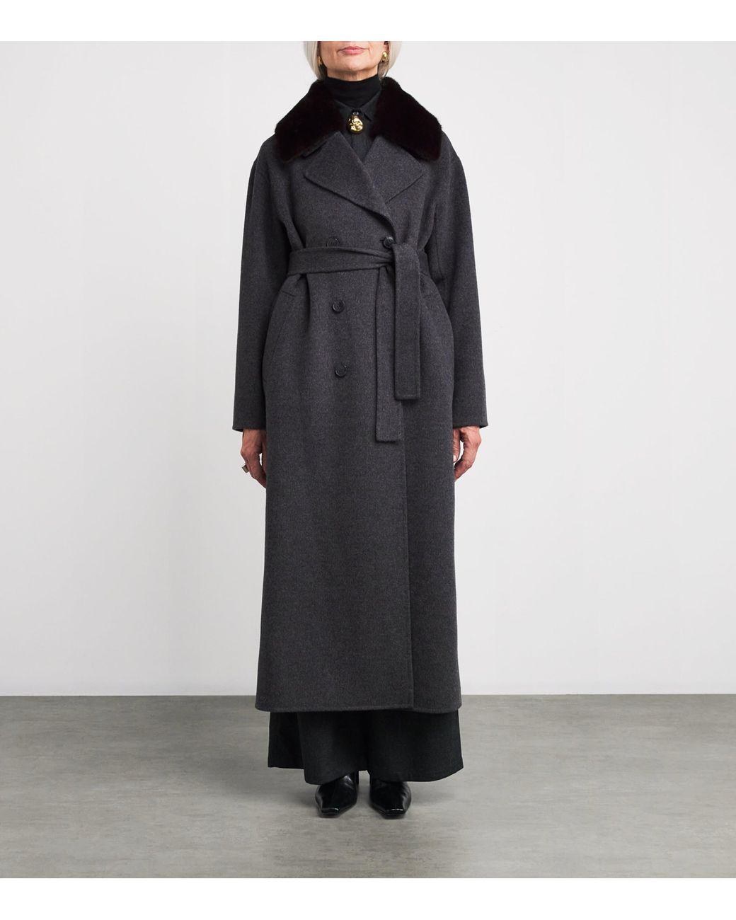 Yves Salomon Black Mink Fur-Trim Collar Coat