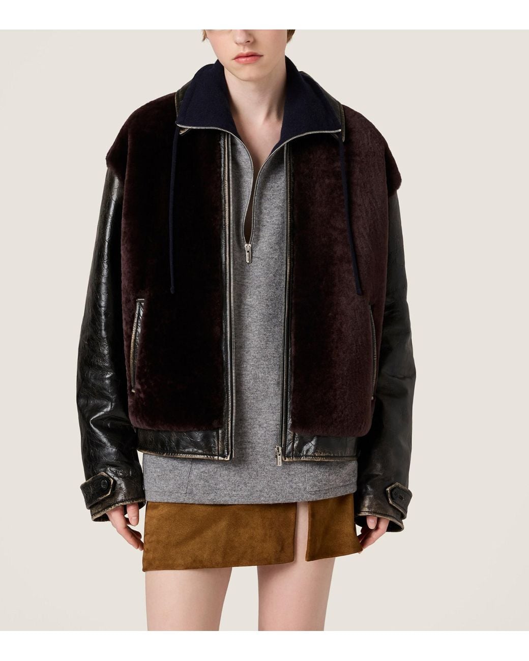 Miu Miu Black Leather Shearling-Trim Jacket