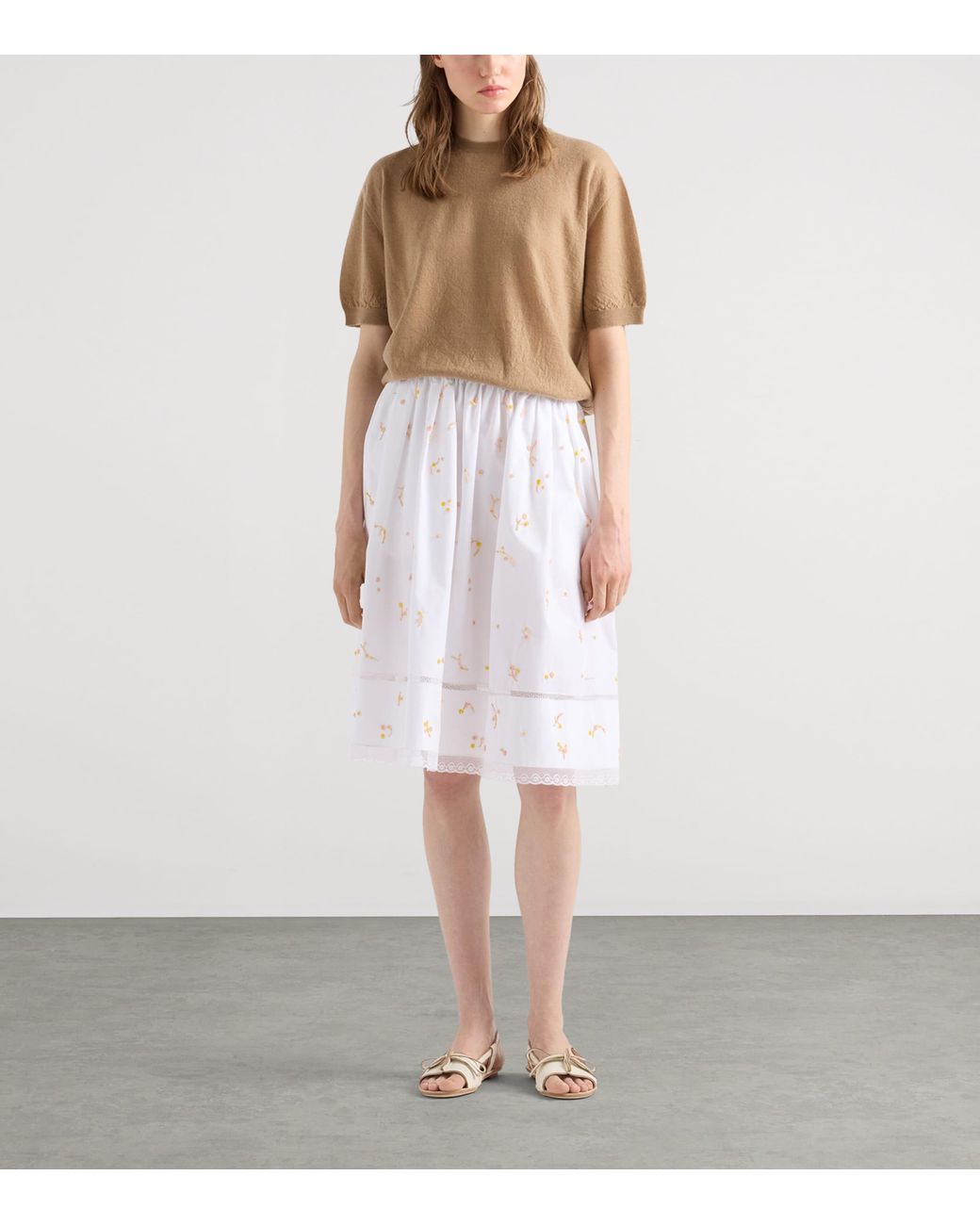 Prada White Cotton Poplin Embroidered Midi Skirt