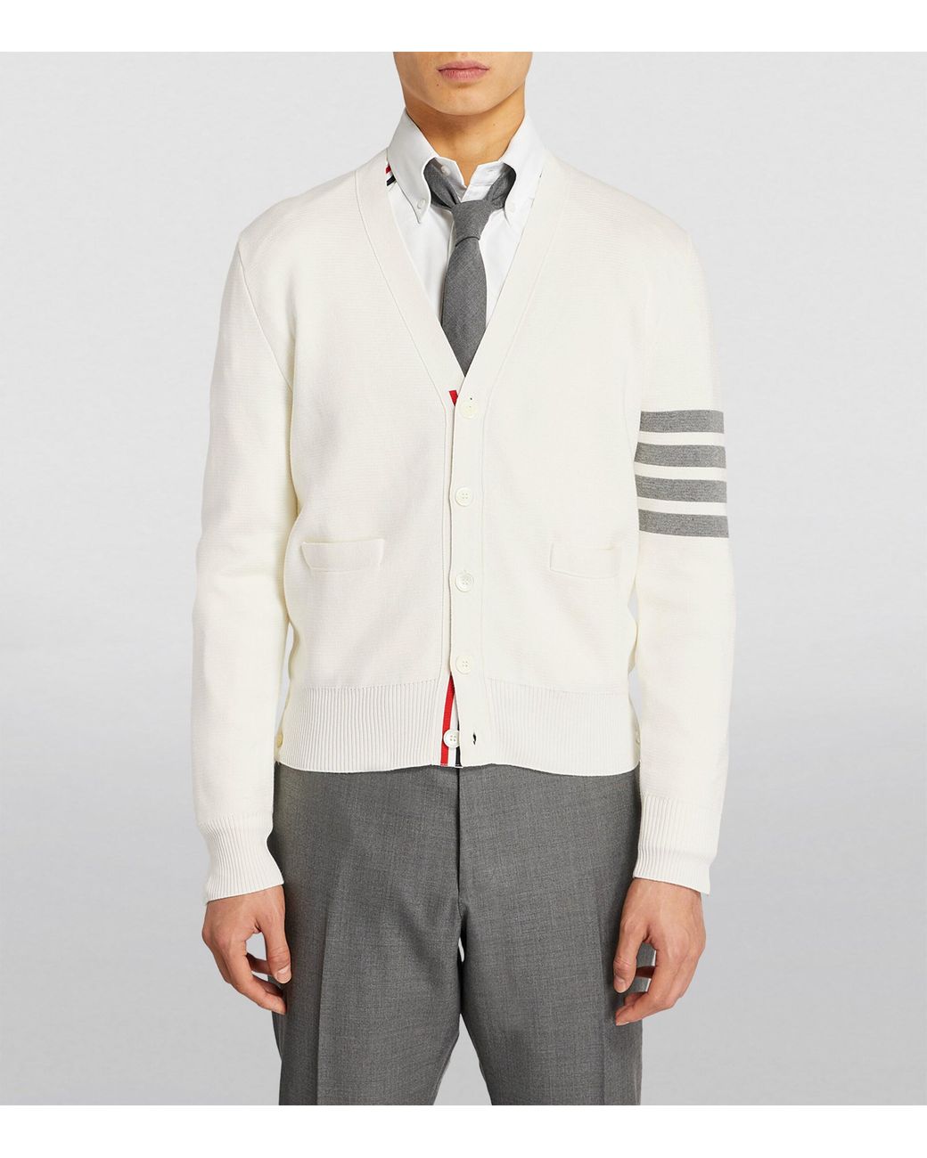 Thom Browne White Cotton V-Neck Cardigan for men