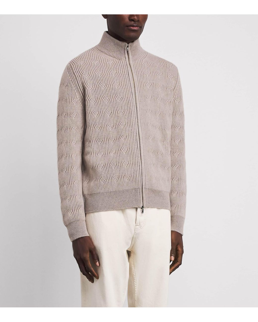 FIORONI CASHMERE Brown Cashmere Cable-Knit Zip-Up Sweatshirt for men