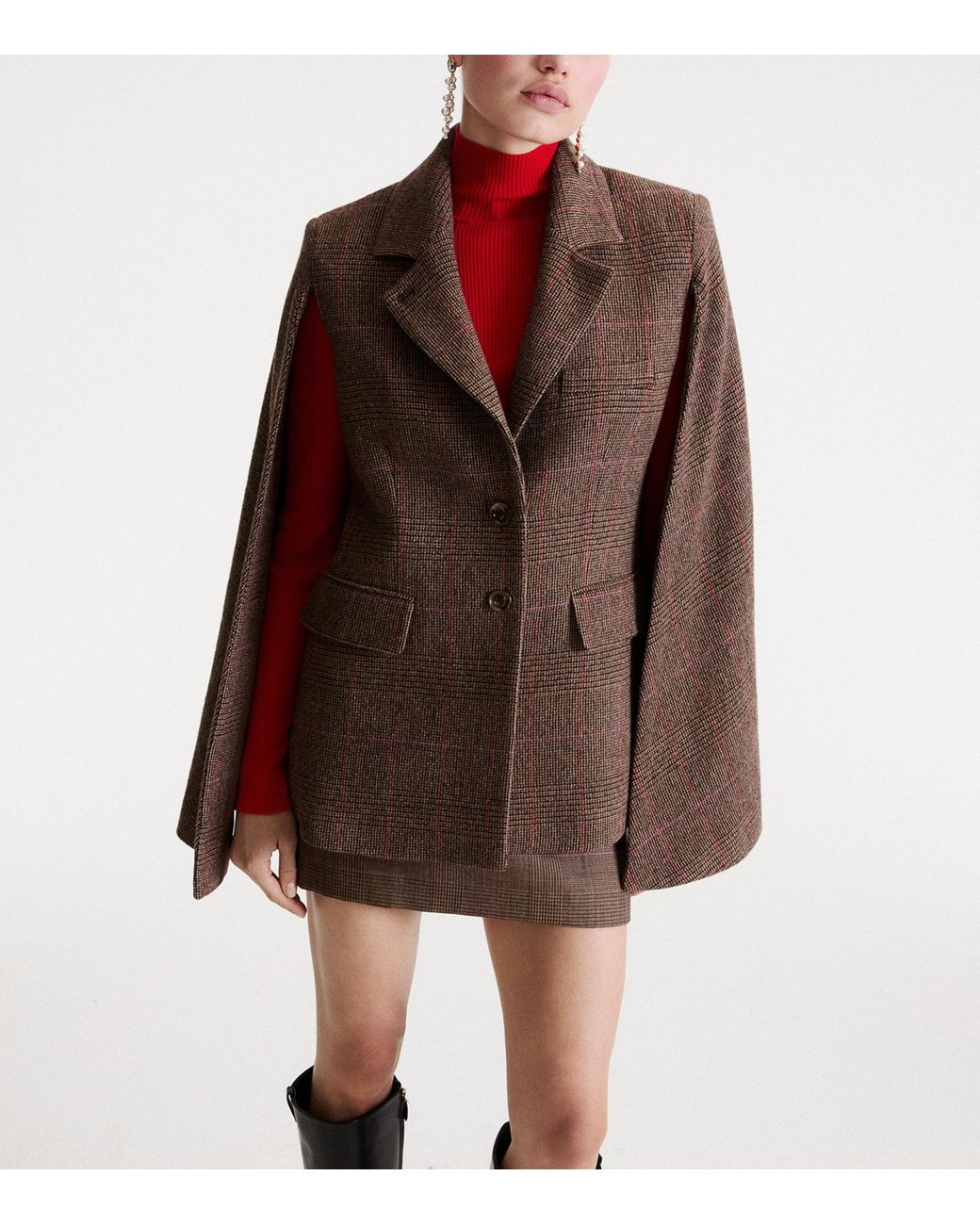 Marella Brown Wool-Blend Check Cape