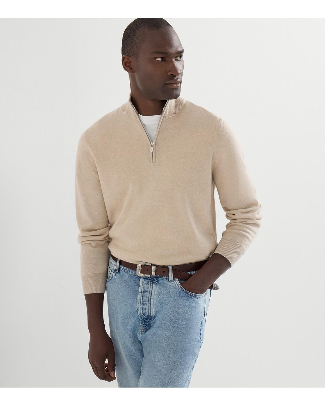 Brunello Cucinelli Natural Cashmere Quarter-Zip Sweater for men