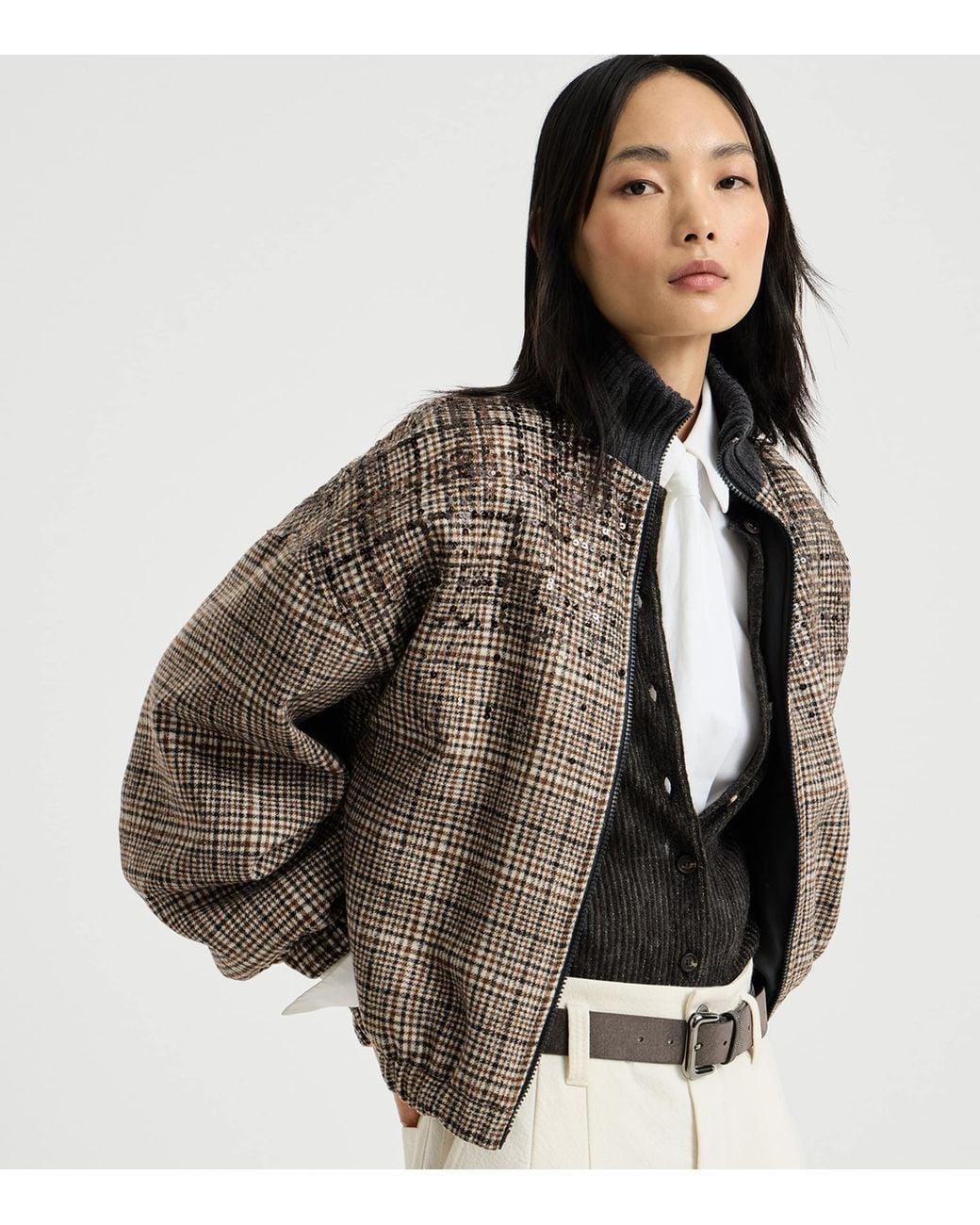 Brunello Cucinelli Brown Alpaca-Wool-Blend Check Bomber Jacket