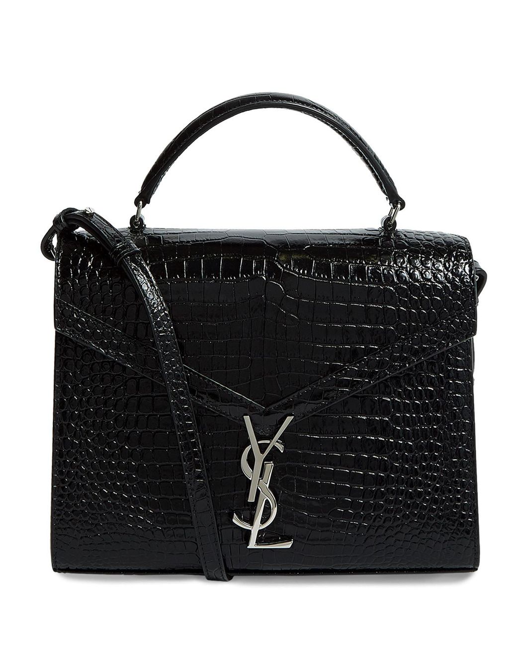 Saint Laurent Cassandra Mini Top Handle Bag in Crocodile-Embossed Shiny Leather - Black - Women