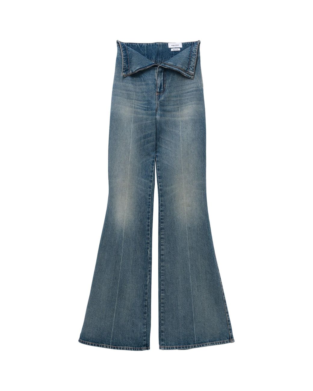 McQueen Blue Foldover-Waist Flared Jeans