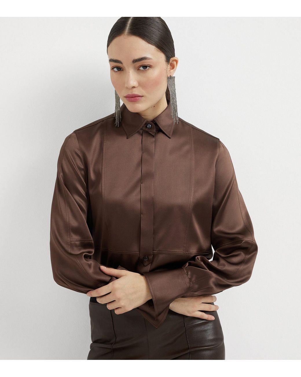 Brunello Cucinelli Brown Stretch-Silk Satin Shirt