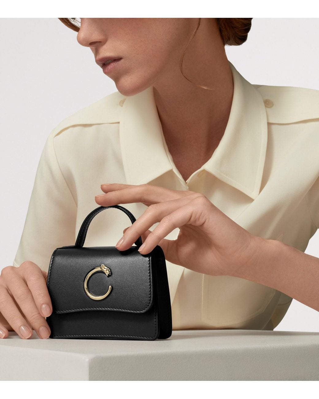 Cartier Black Micro Lambskin Panthère C De Top-Handle Bag