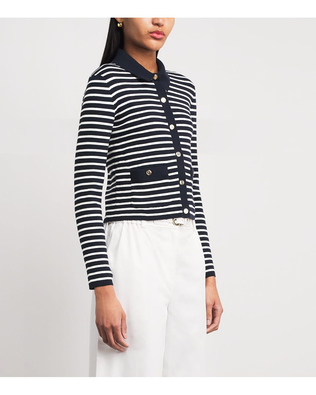 Maje Blue Rib-Knit Stripe Cardigan