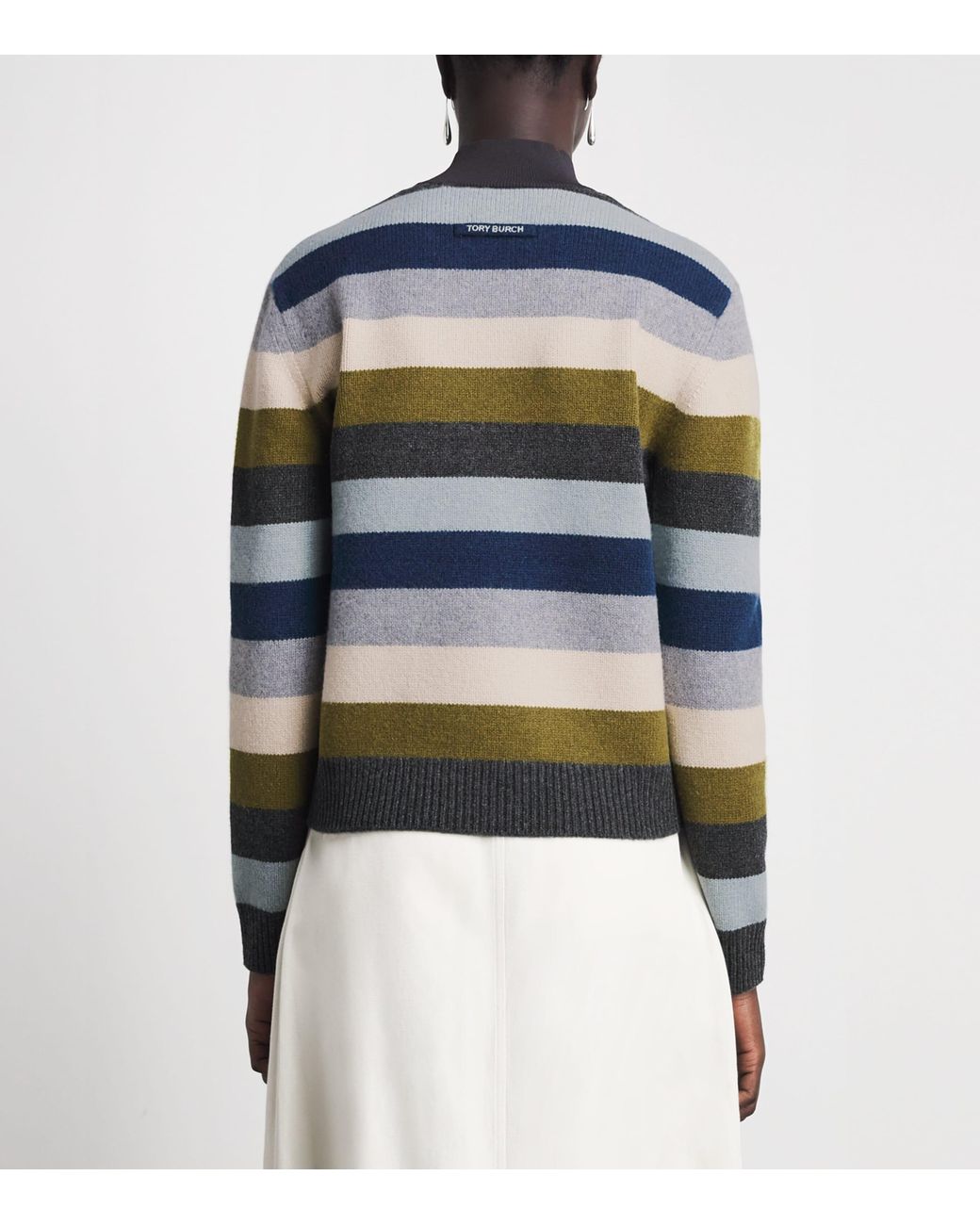 Tory Burch Blue Wool Stripe Funnel-Neck Sweater