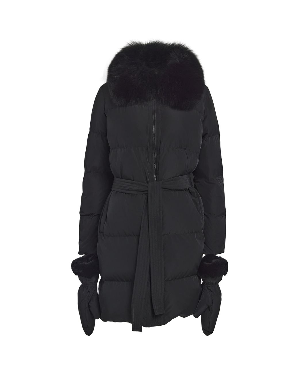 Yves Salomon Black Fur-Trim Down Coat With Mittens