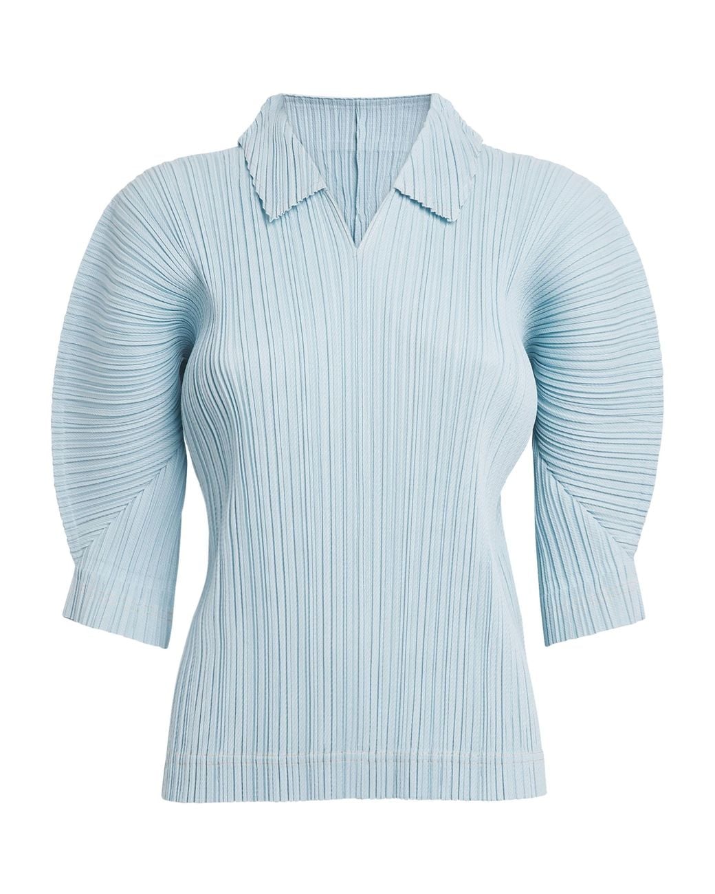 Pleats Please Issey Miyake Blue Cotton Denim Collared Top