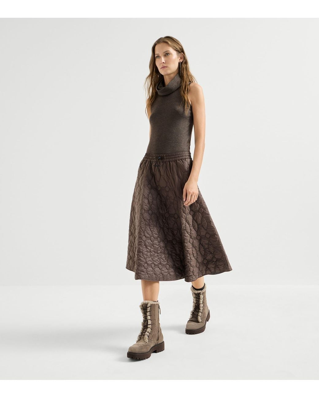 Brunello Cucinelli Brown Water-Resistant Quilted Midi Skirt
