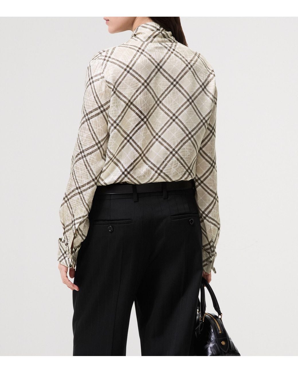 Burberry White Silk-Blend Check Scarf Blouse
