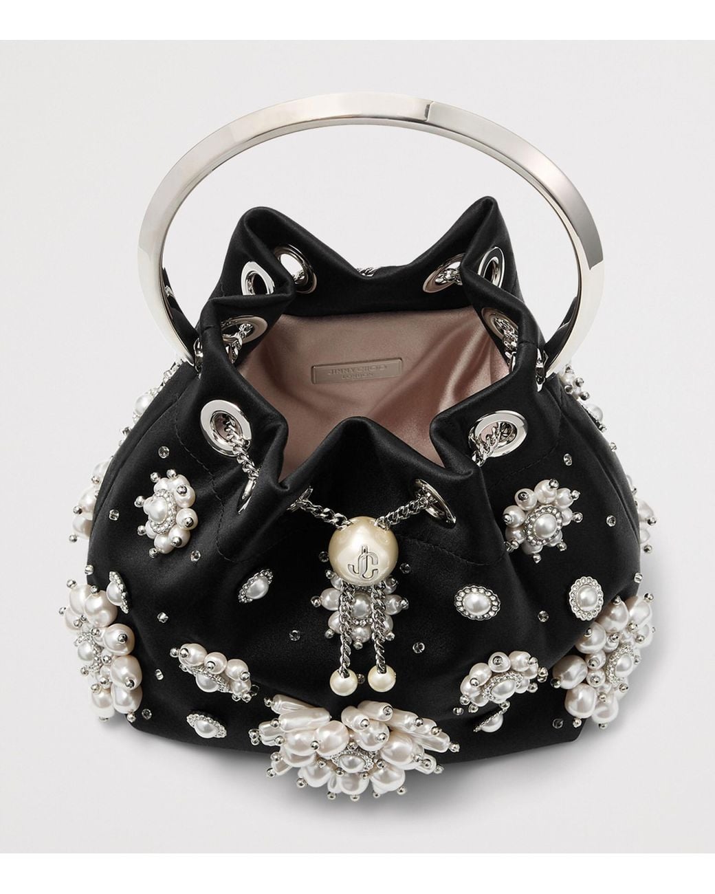 Jimmy Choo Black Satin Bon Bon Pearl Top-Handle Bag