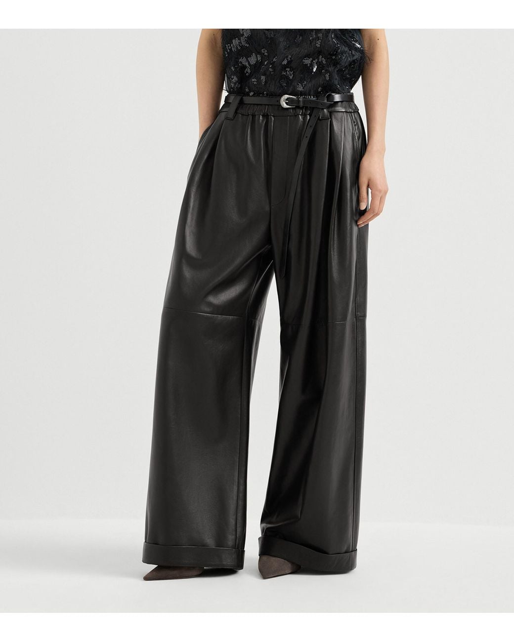 Brunello Cucinelli Black Nappa Leather Wide-Leg Trousers