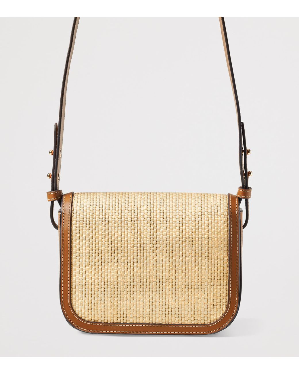 Aspinal Brown Leather Raffia-Front Ella Cross-Body Bag