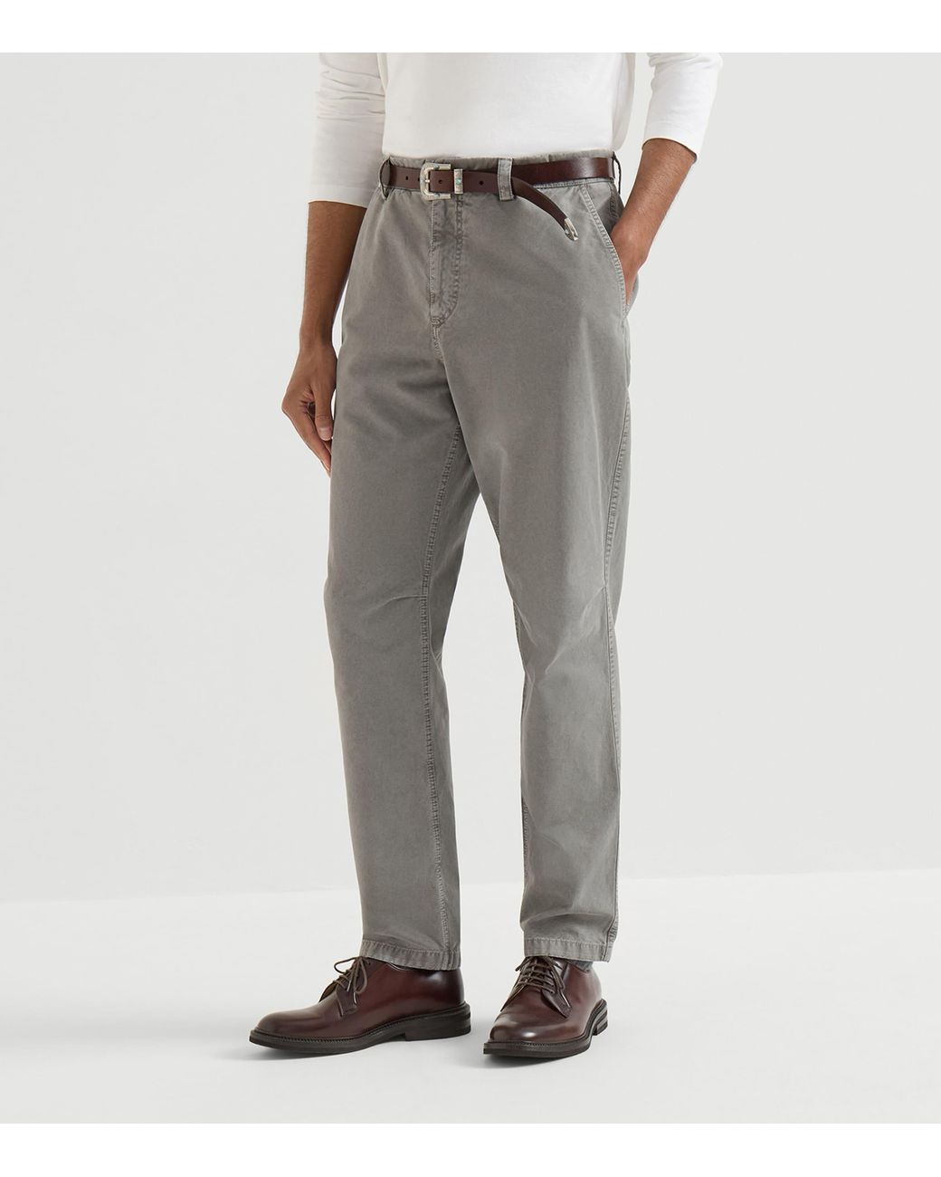 Brunello Cucinelli Gray Peached Cotton Gabardine Trousers for men