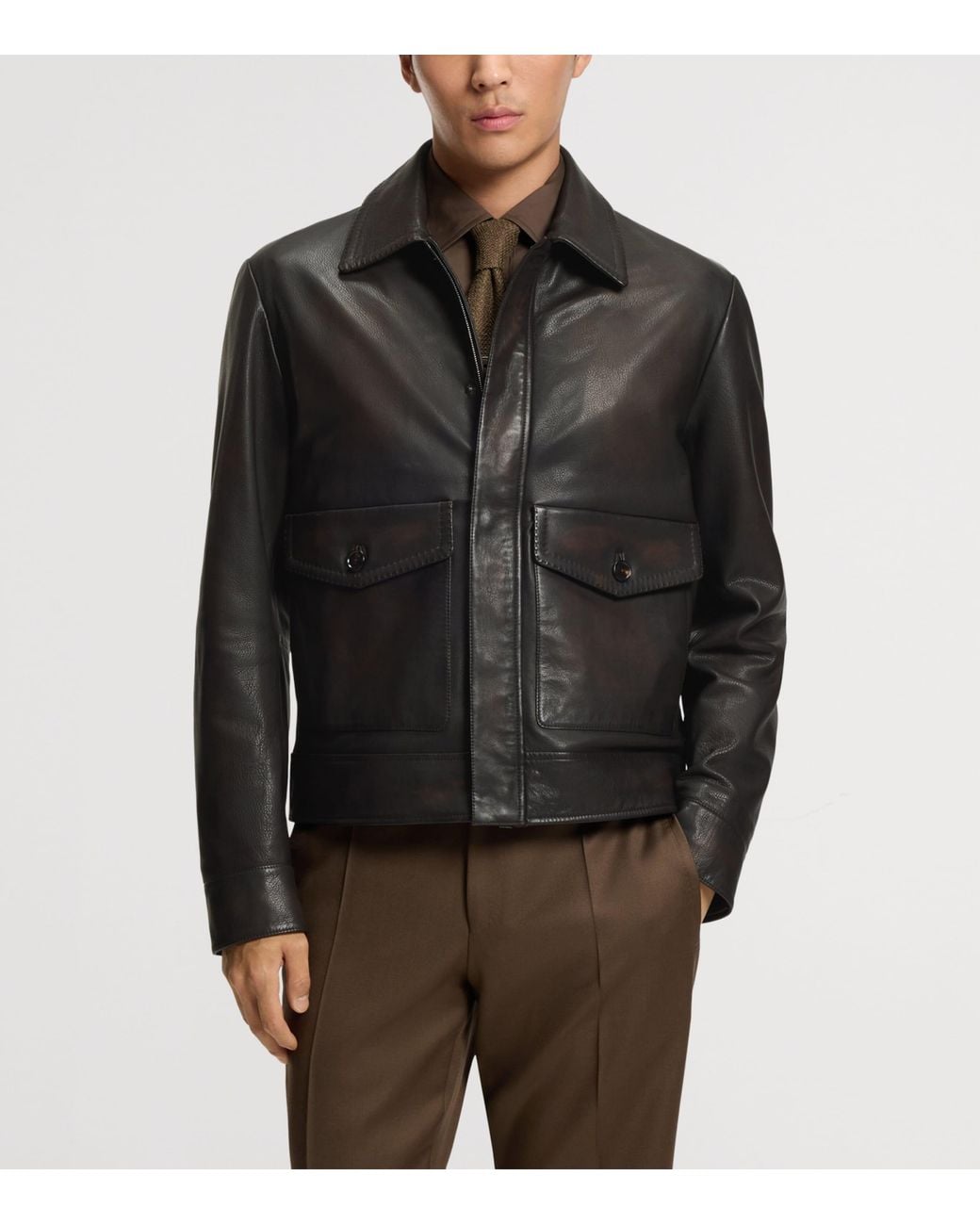 Boss Black Calf Leather Aviator Jacket for men