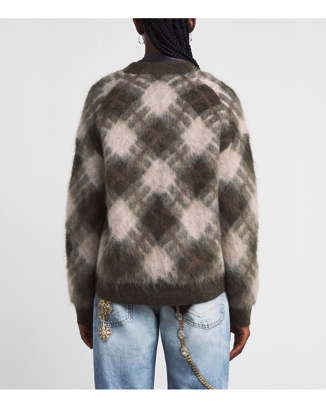 Acne Brown Argyle V-Neck Knit Cardigan