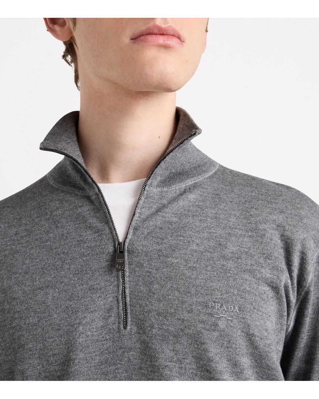 Prada Gray Cashmere-Silk Quarter-Zip Sweater for men