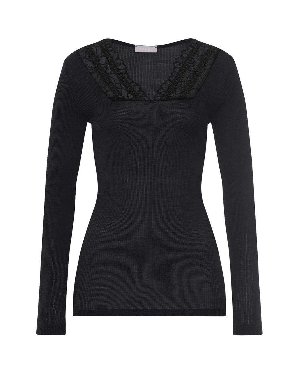 Hanro Black Wool-Silk Lace-V-Neck Top