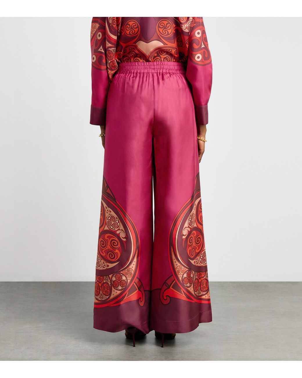 LaDoubleJ Red Silk Palazzo Placée Wide-Leg Trousers