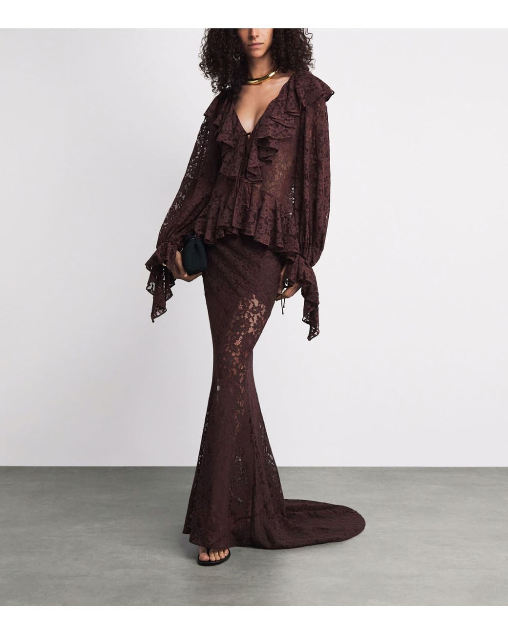 De La Vali Brown Lace Pasion Maxi Skirt