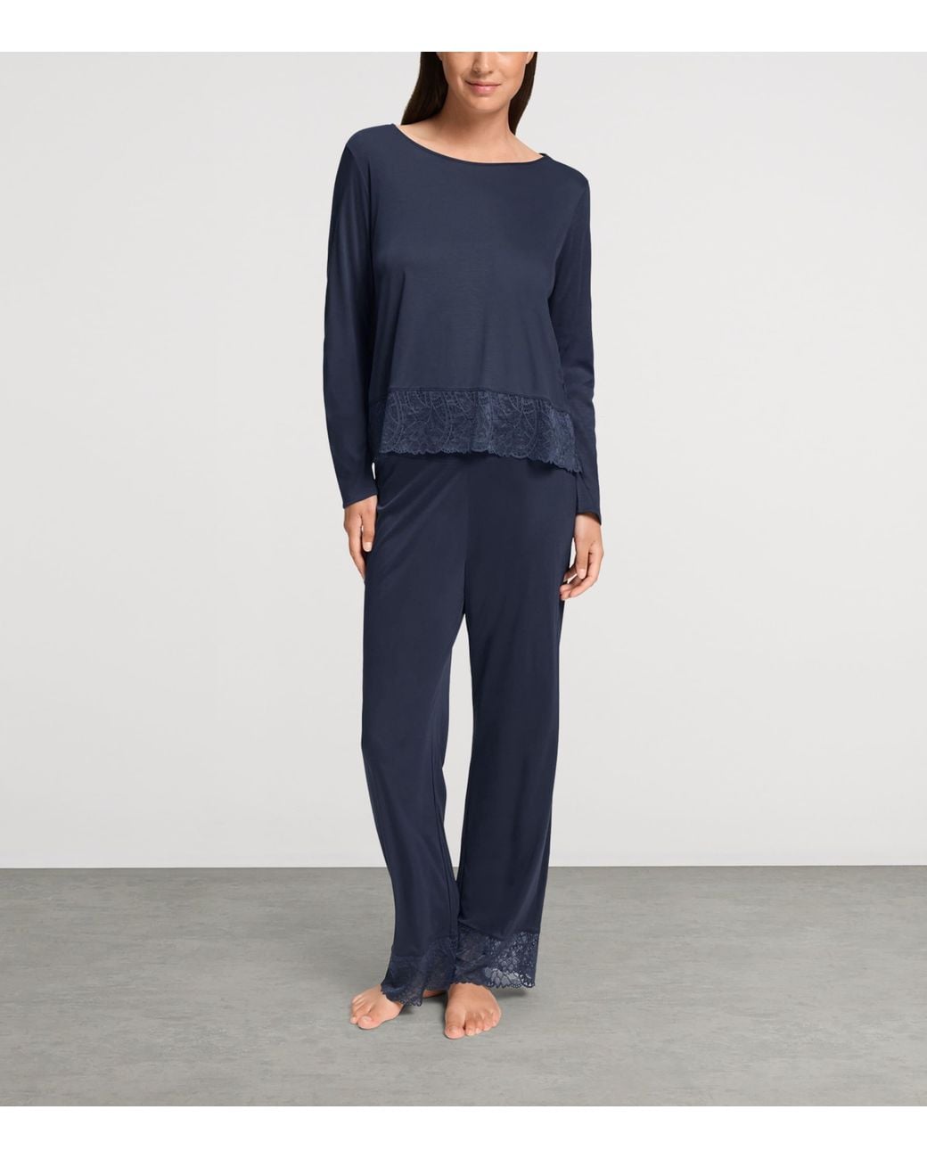 Hanro Blue Lace-Trim Long-Sleeve Pyjamas