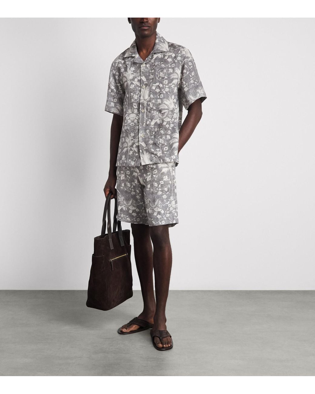 Eleventy Gray Linen Printed Bowling Shirt for men