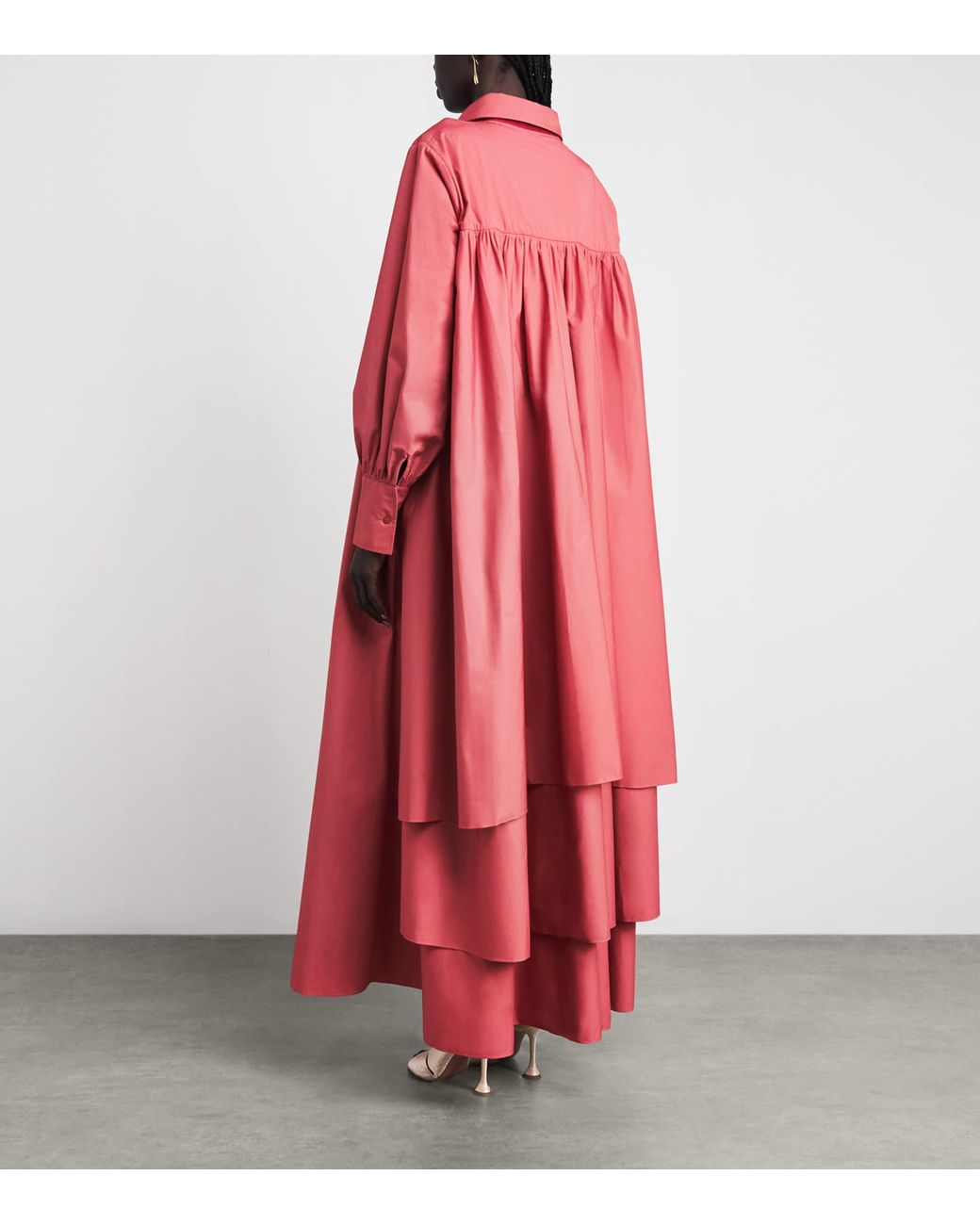 Abadia Pink Cotton Layered Volume Maxi Shirt Dress