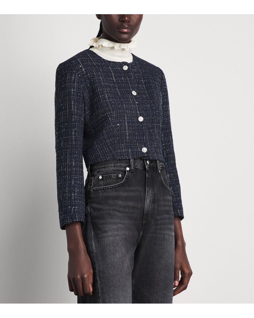 Sandro Blue Tweed Sequinned Cropped Jacket