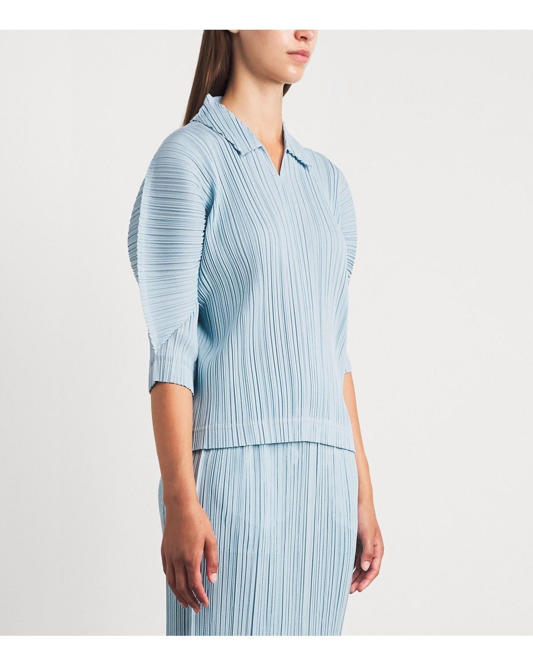 Pleats Please Issey Miyake Blue Cotton Denim Collared Top