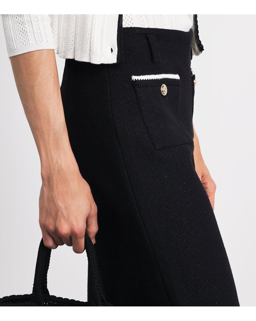 Maje Black Tweed Wide-Leg Trousers