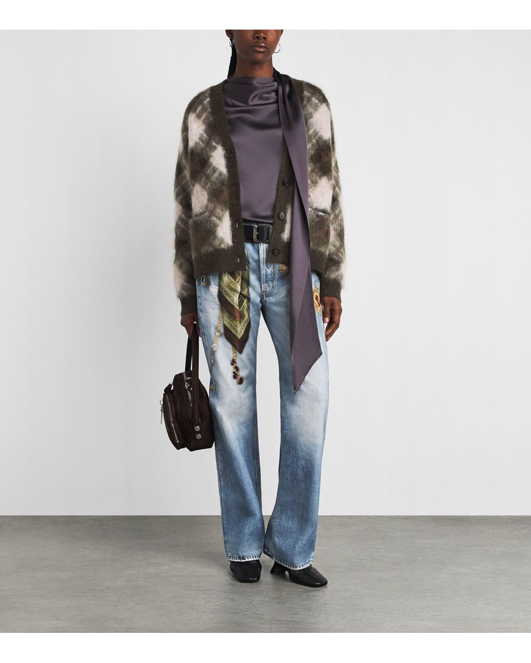 Acne Brown Argyle V-Neck Knit Cardigan