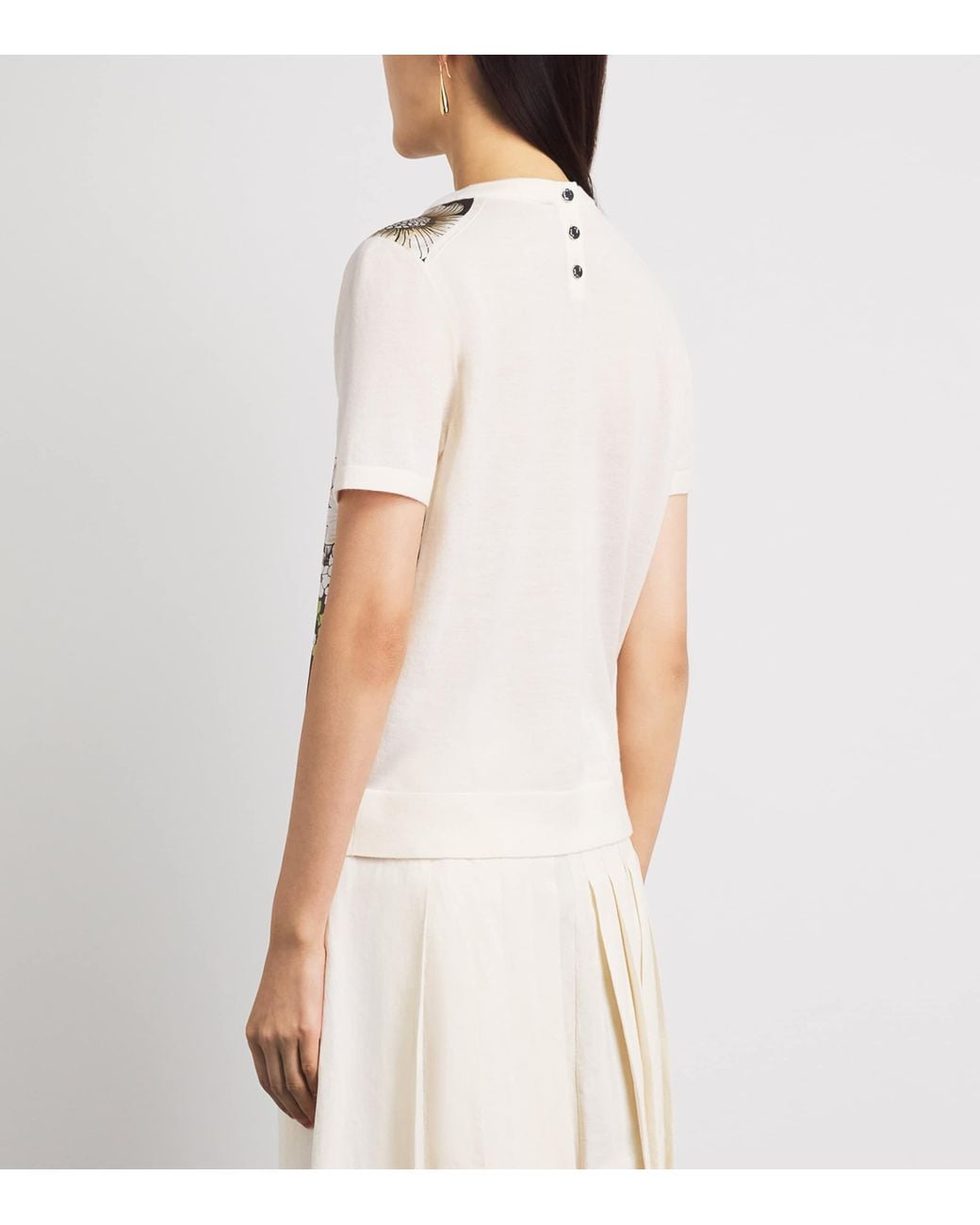 Tory Burch White Silk-Wool Floral T-Shirt