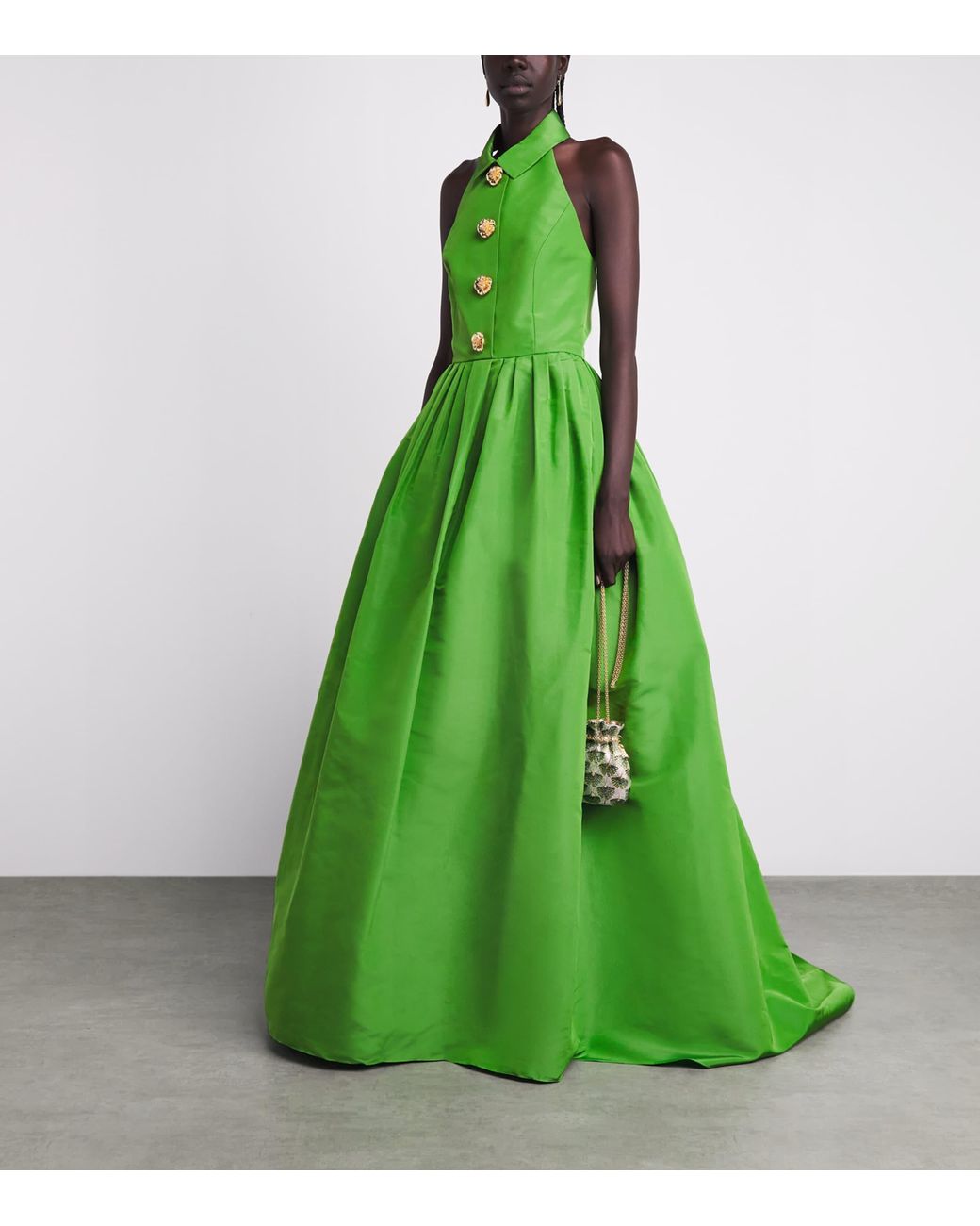 Carolina Herrera Green Silk Collared Halterneck Gown