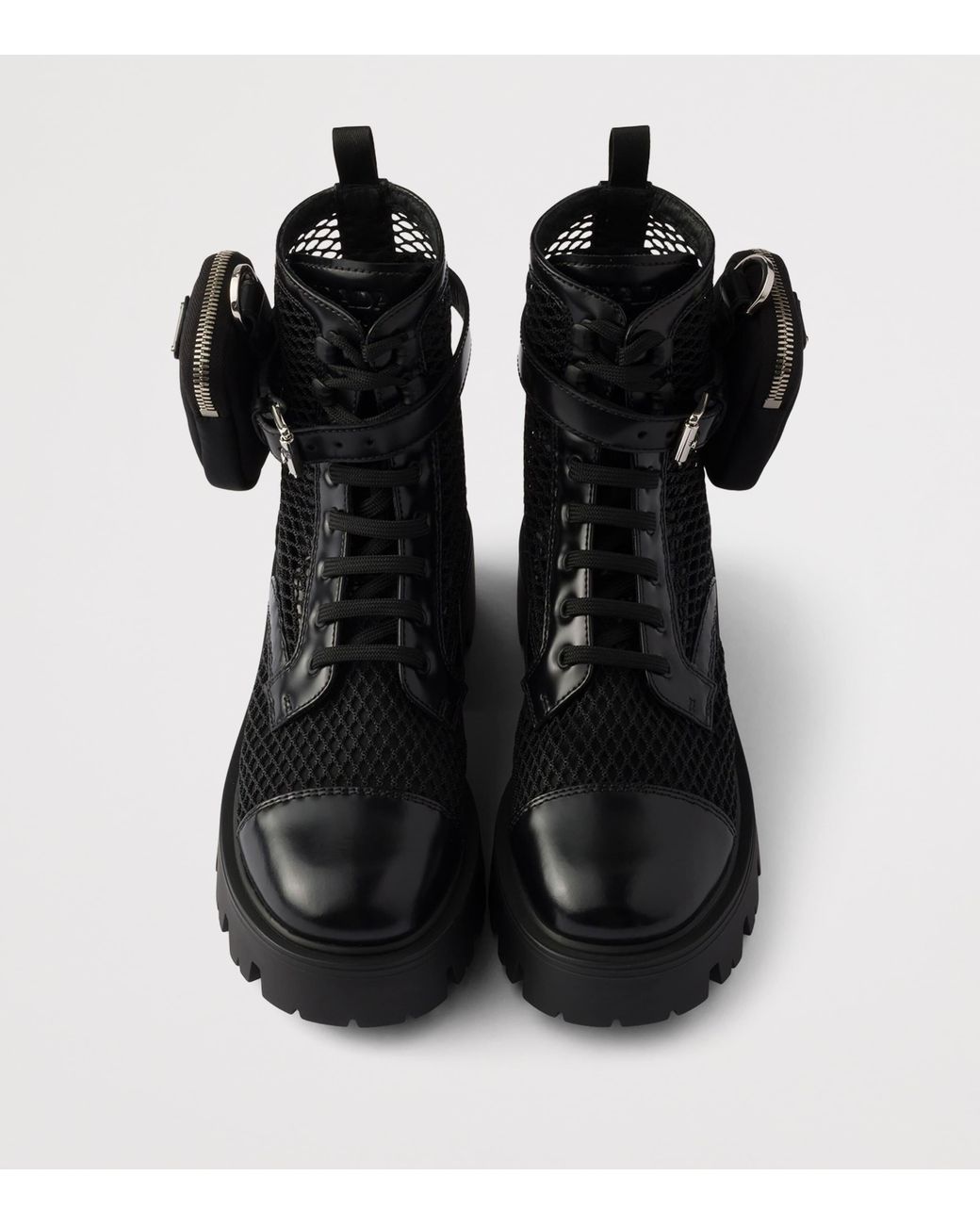 Prada Black Mesh And Leather Monolith Boots With Pouch