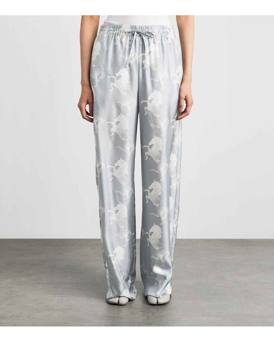 Stella McCartney Gray Silk Horse Print Wide-Leg Trousers
