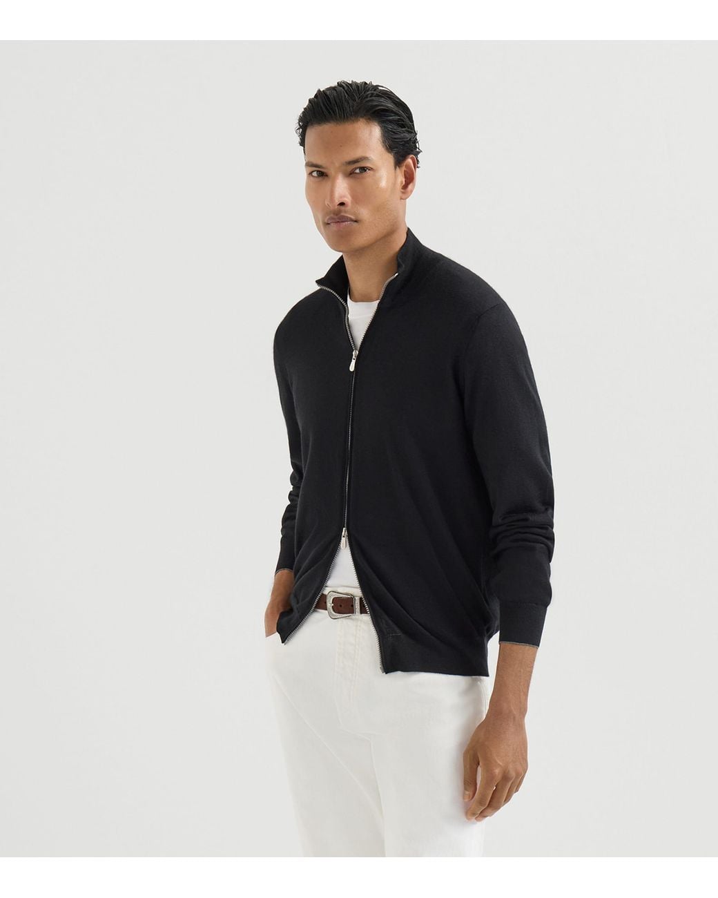 Brunello Cucinelli Black Cashmere-Silk Zip-Up Cardigan for men