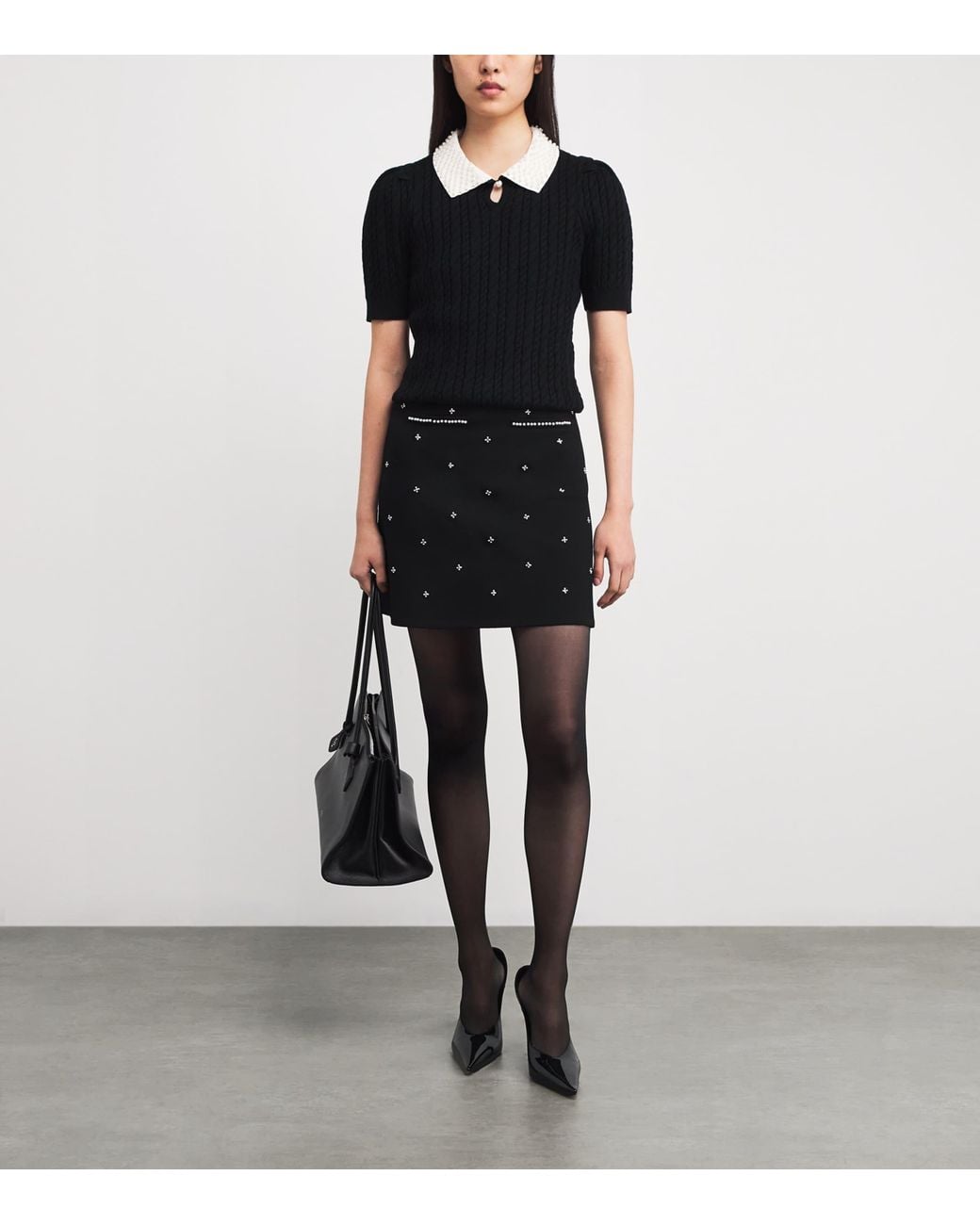 Sandro Black Cotton-Wool-Blend Cable-Knit Pearl-Collar Sweater