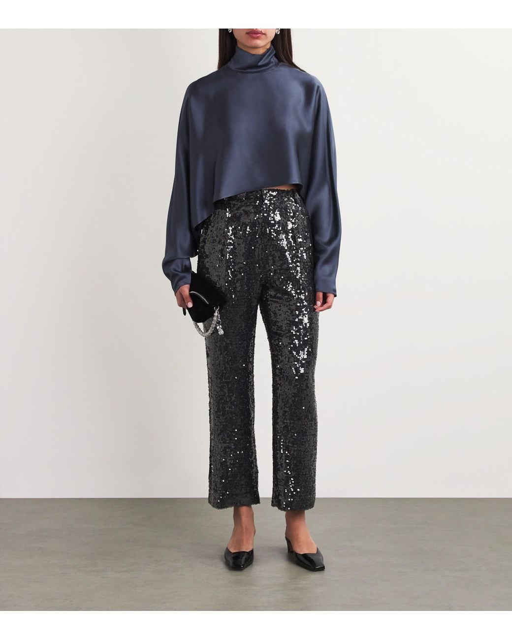 LAPOINTE Gray Sequin Pleated Tapered Trousers