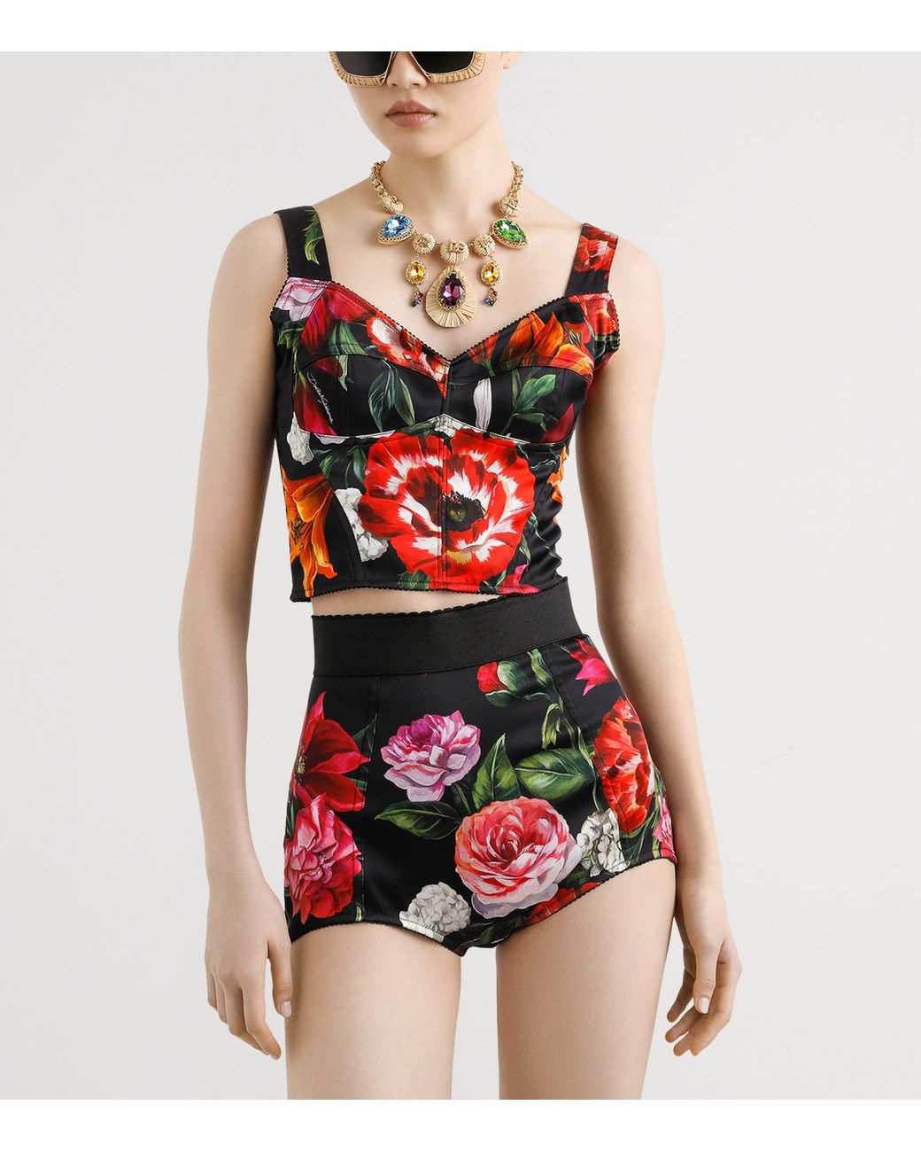 Dolce & Gabbana Red Flower Print Bustier Top