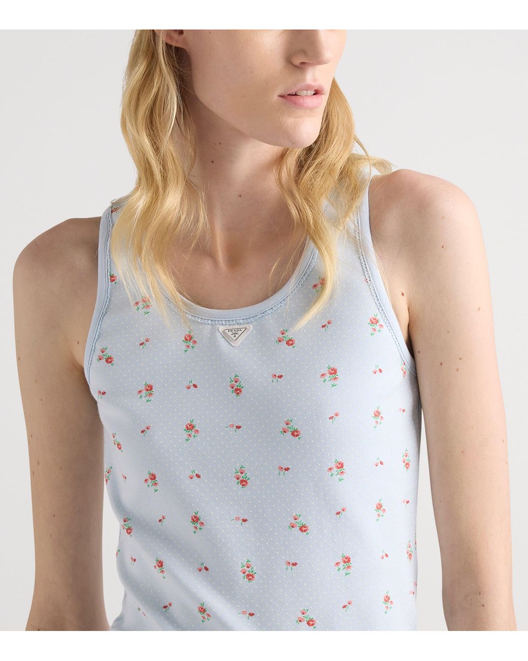 Prada Blue Stretch-Cotton Floral Tank Top