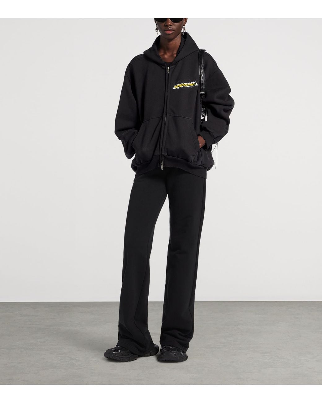 Balenciaga Black Cotton Spray Logo Zip-Up Hoodie