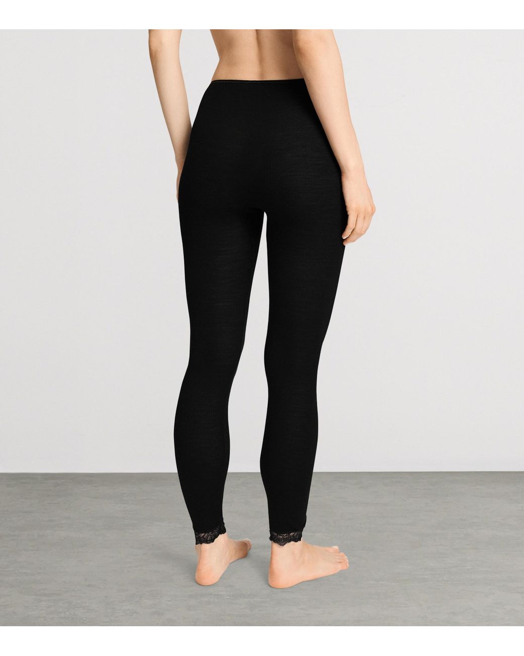 Hanro Black Wool-Silk Lace-Hem Leggings