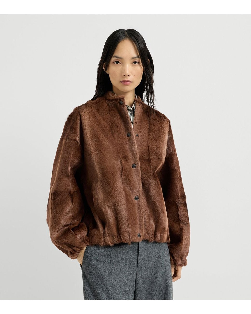 Brunello Cucinelli Brown Cashmere Shearling Bomber Jacket