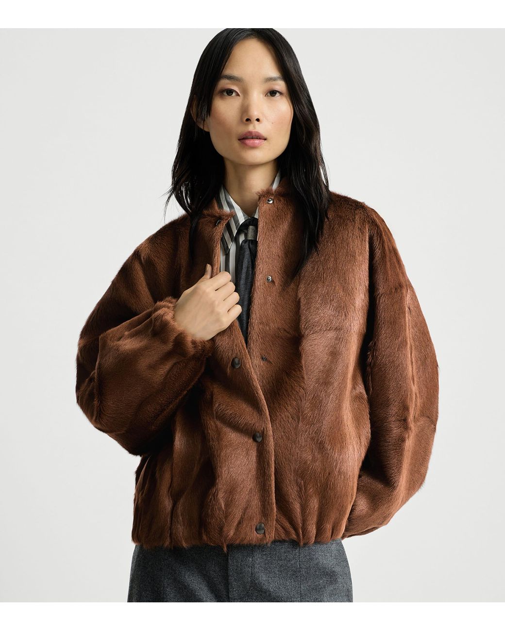 Brunello Cucinelli Brown Cashmere Shearling Bomber Jacket